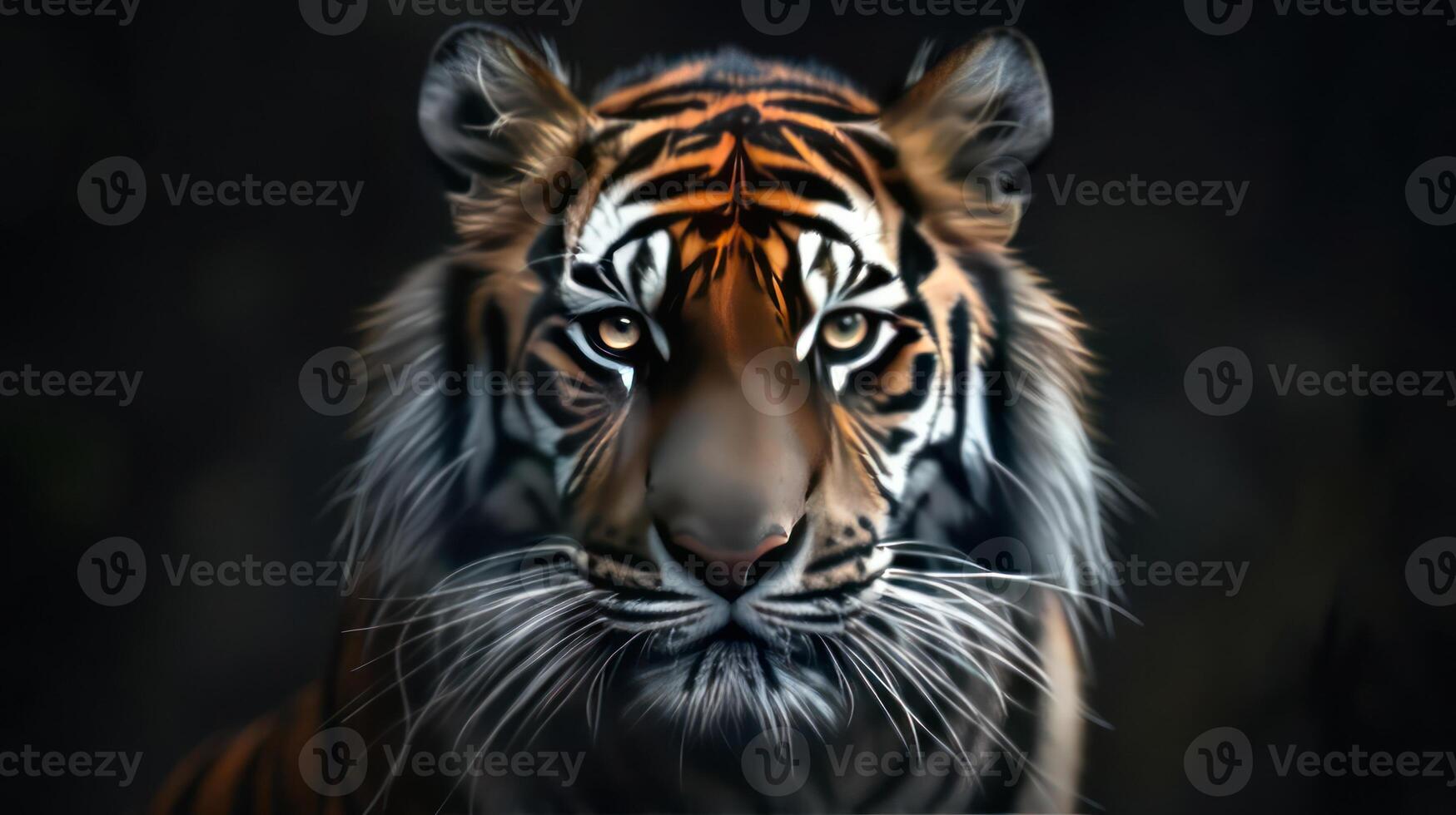 A tiger is shown in a dark background photo