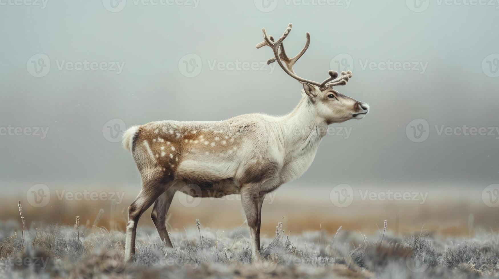 A majestic reindeer strolls through a snow-covered field with fog and falling snow creating a serene photo