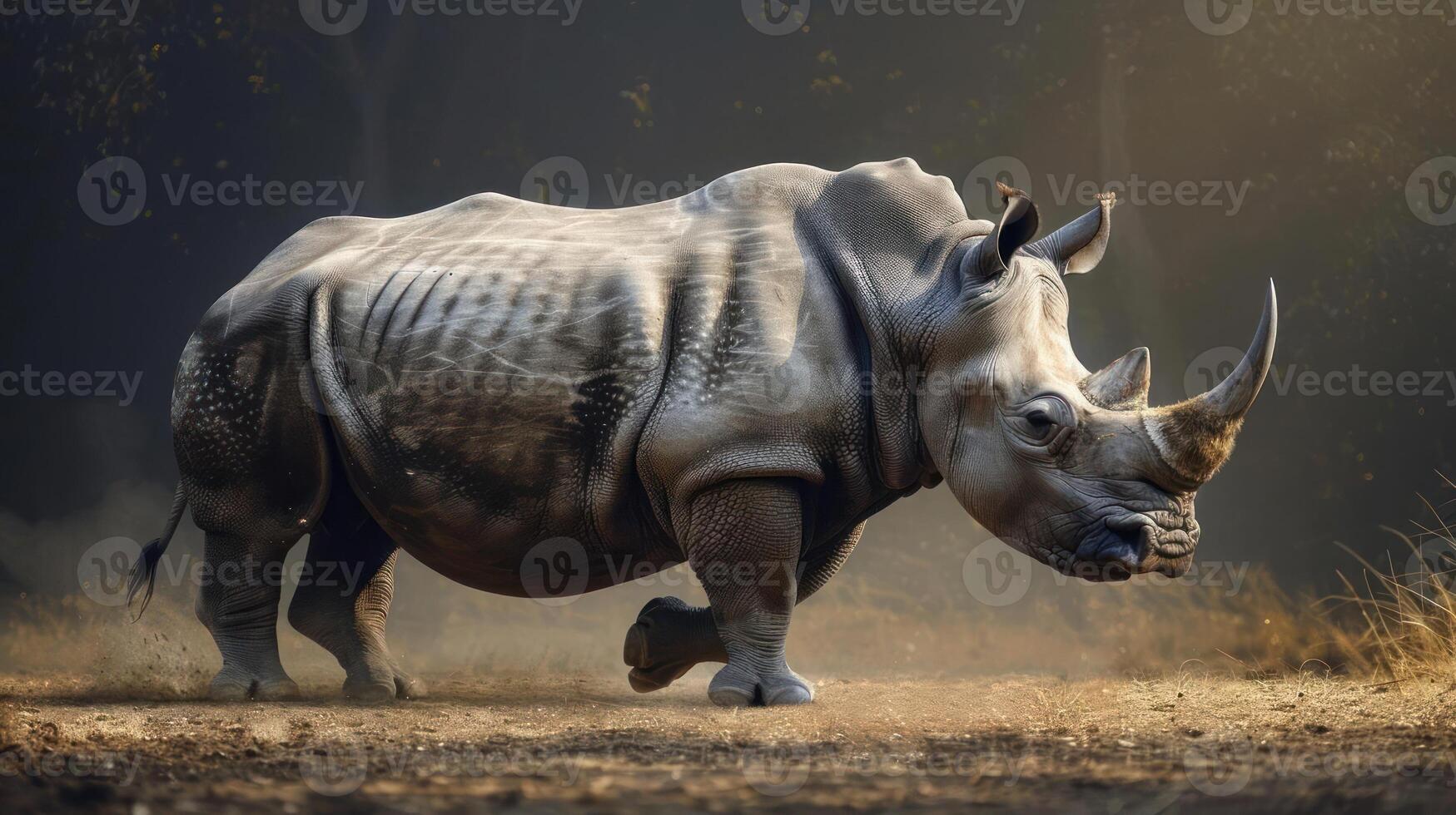 A rhino running on a dirt road in the sunrise, surrounded by dry brush. photo