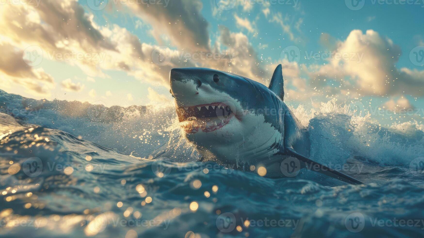 A great white shark leaping from the water with its mouth open, photo