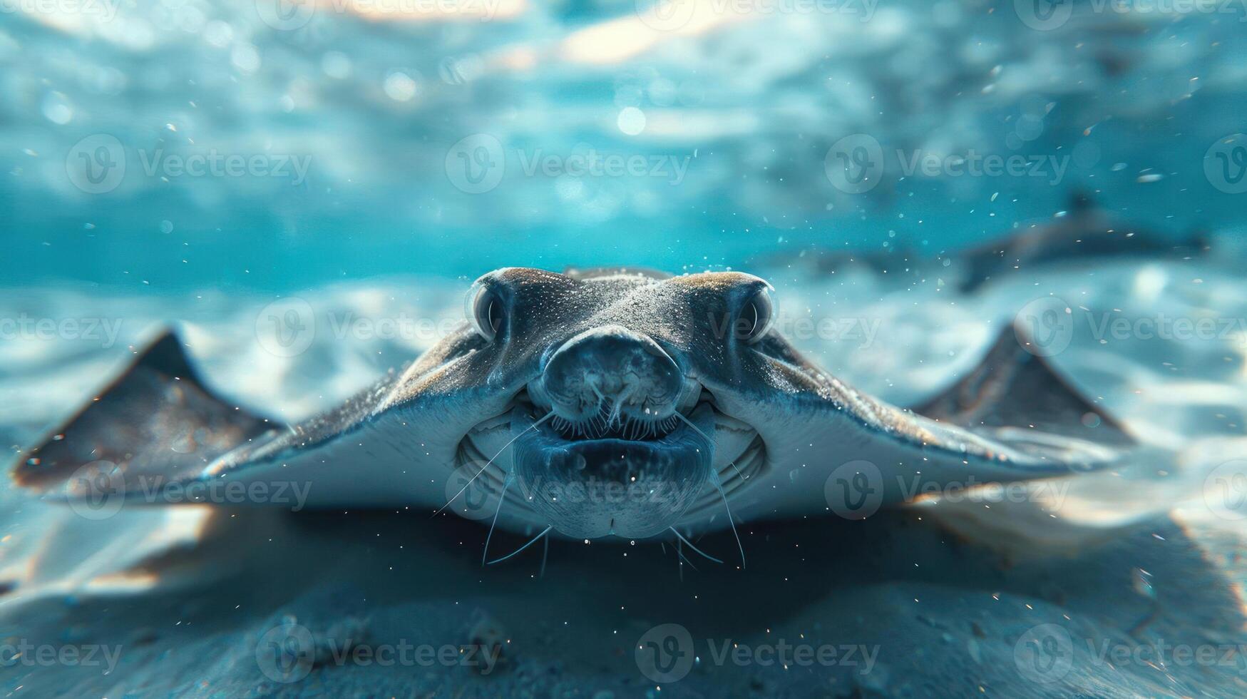 A stingray leaping out of the ocean, glowing underwater light. It appears to have a big smile, photo