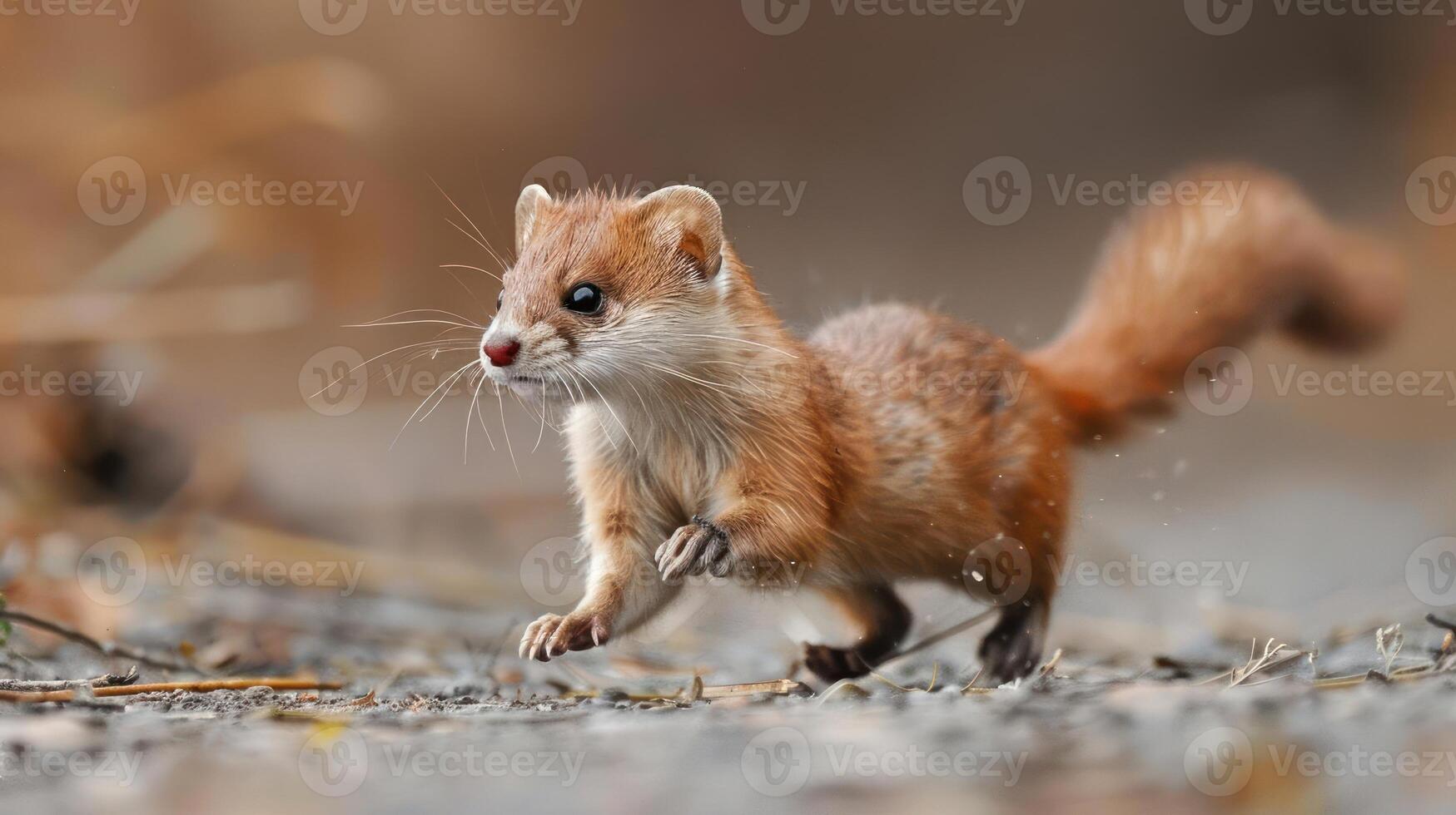 Small mammal, possibly a mouse or gerbil, captured mid-run. photo