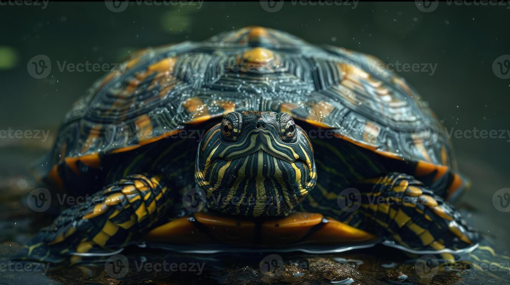 The head of a tortoise on the water's surface with green background. photo