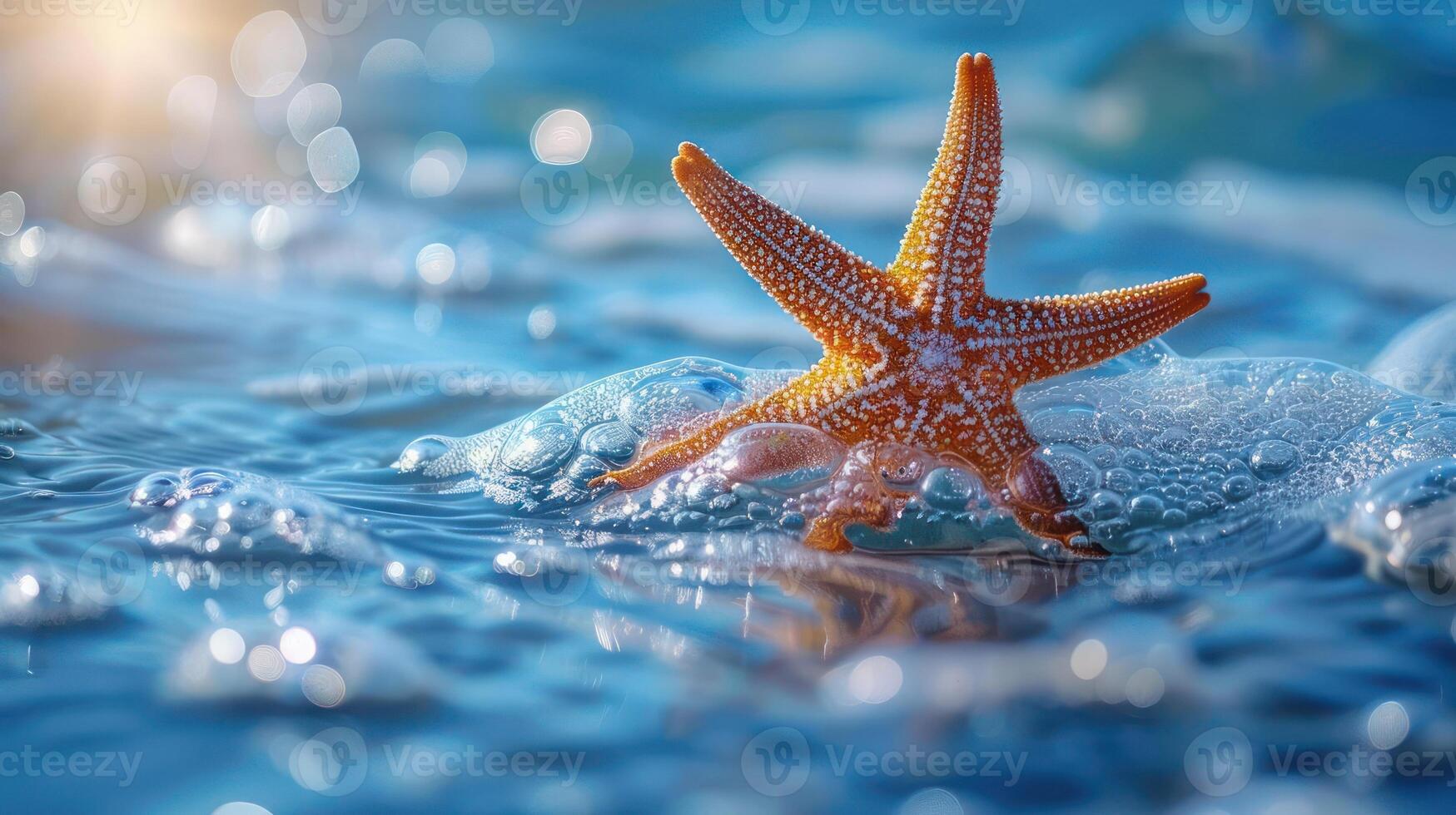 A small starfish is surrounded by ocean waves. photo