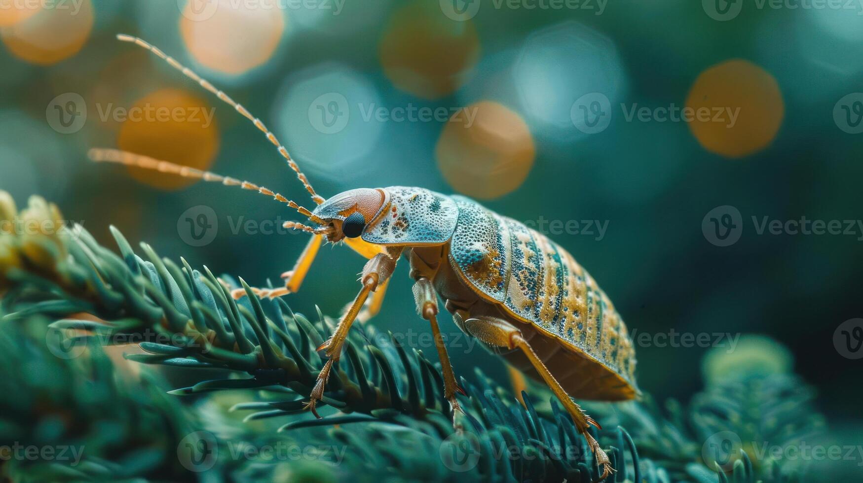 Bug perched on a needle of a pine tree, enjoying the Christmas atmosphere. photo