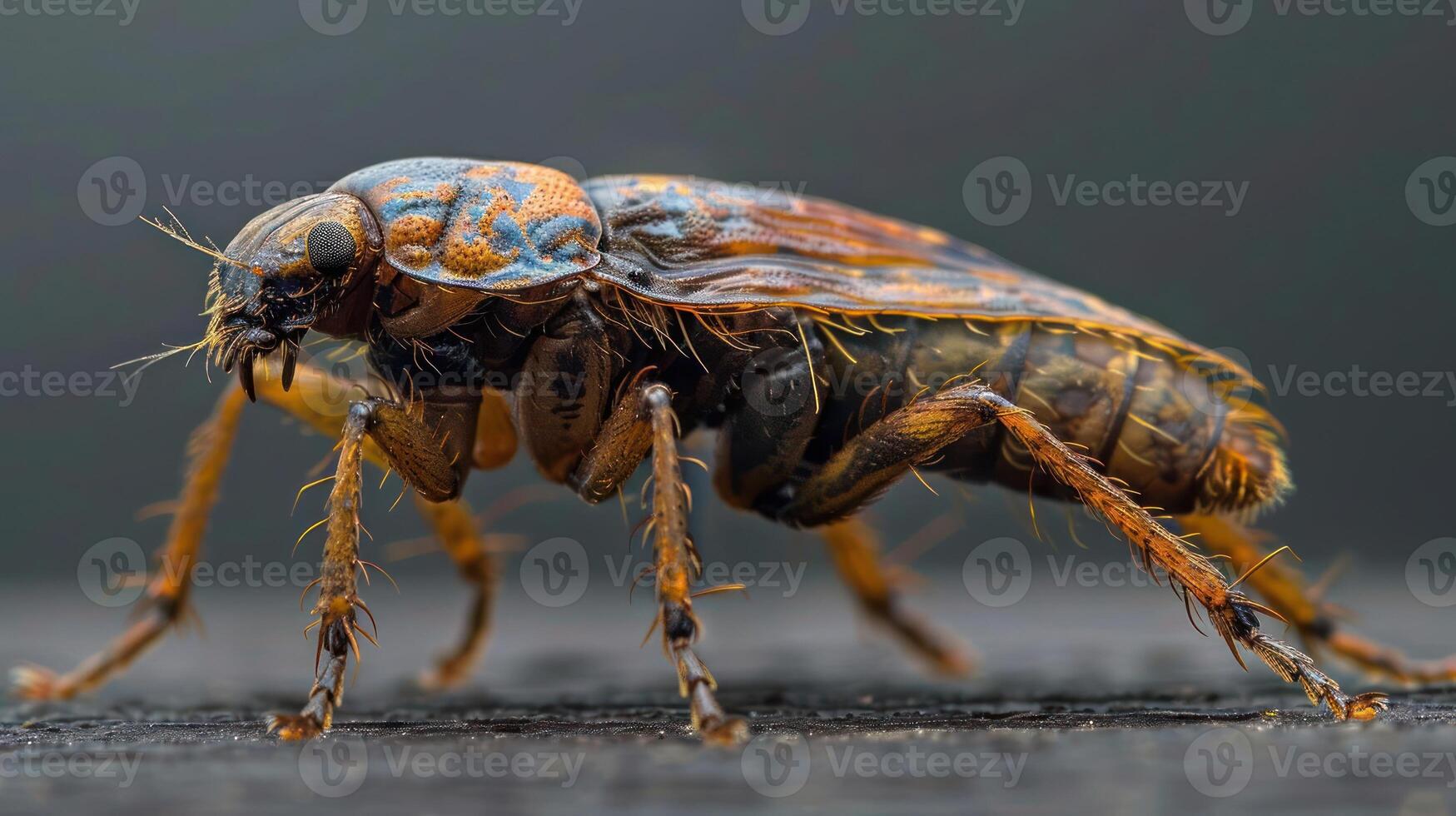 A close-up image of a vibrant multicolored beetle with yellow, red, and blue patterns on its body. photo