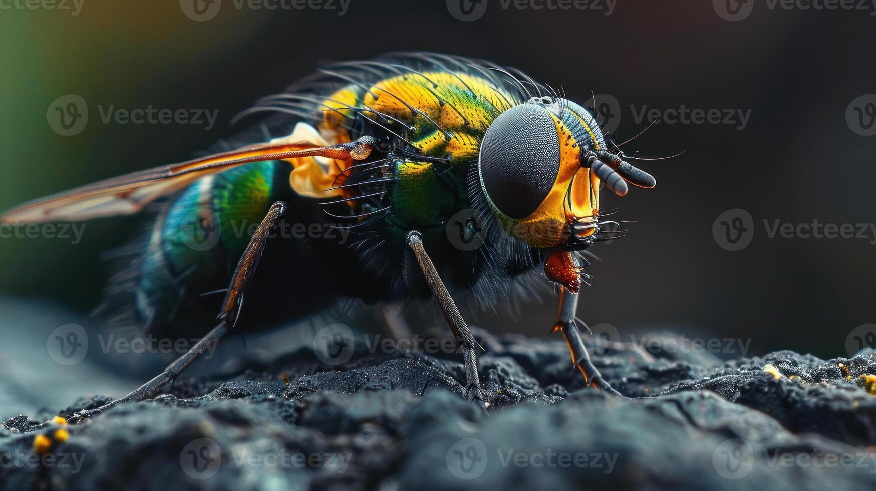 A close up of a green and blue fly on a black rock, displaying its vibrant colors. photo