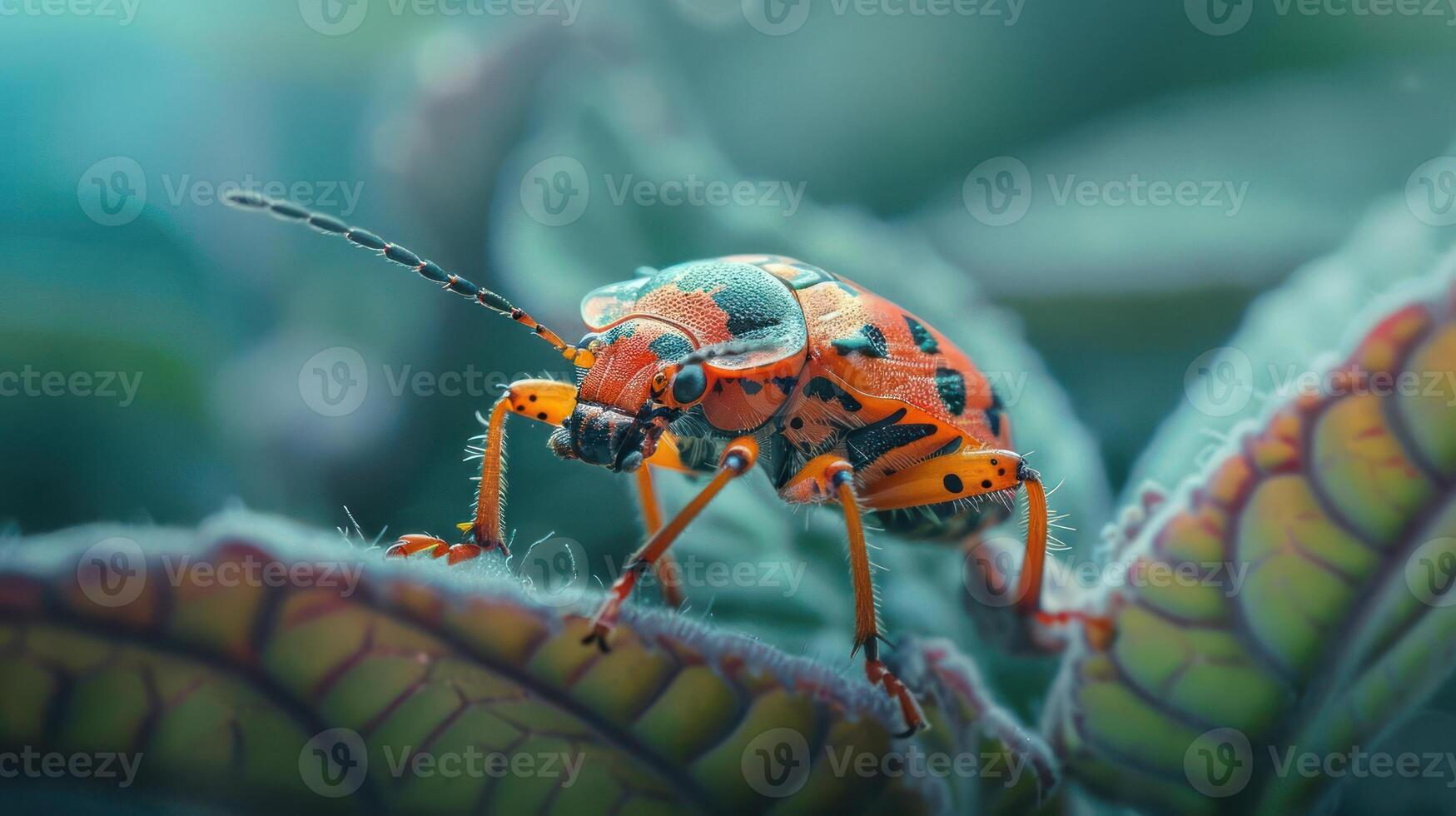 A close-up photo of a colorful beetle with its legs extended on a leafy green plant.