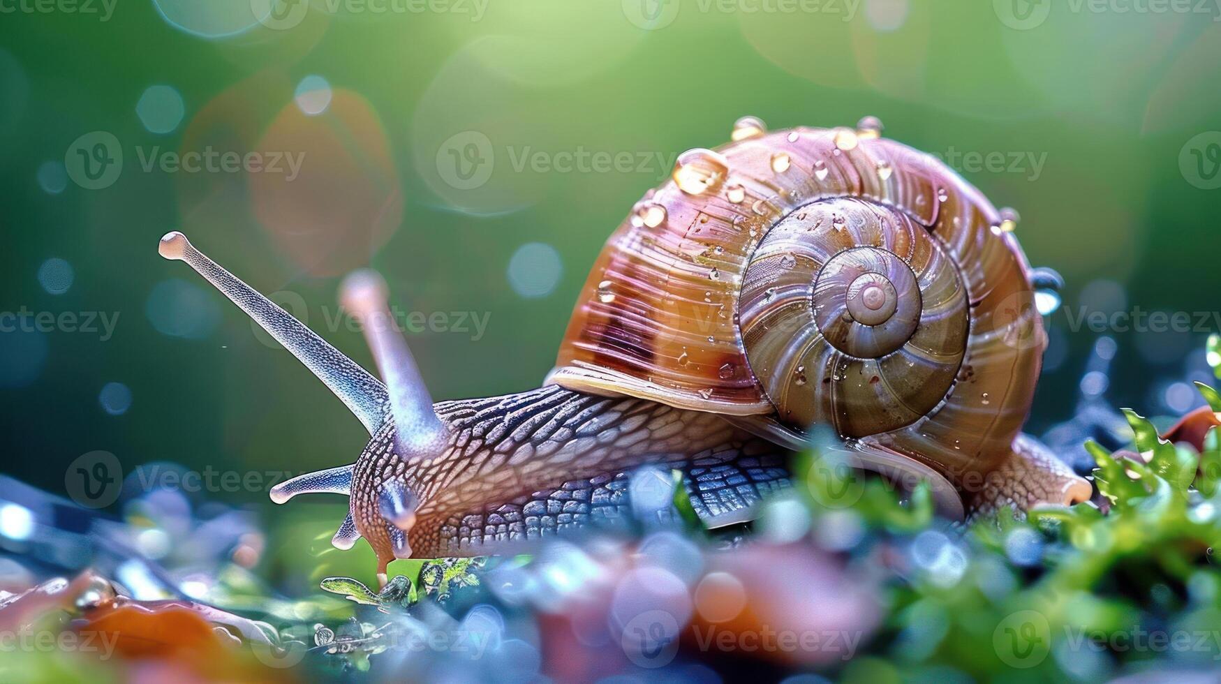 A snail with a shiny shell on mossy rocks, surrounded by water droplets. photo