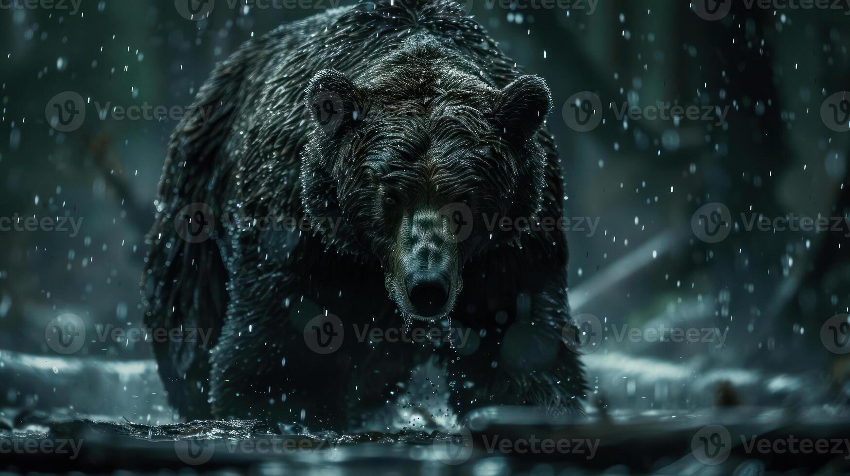 A large brown bear walking through a snowy forest. It is raining, creating a misty atmosphere. photo