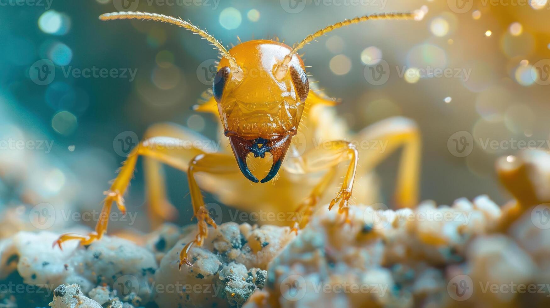 a photo of an ant or bee with a close-up shot, highlighting its intricate details and appearance.