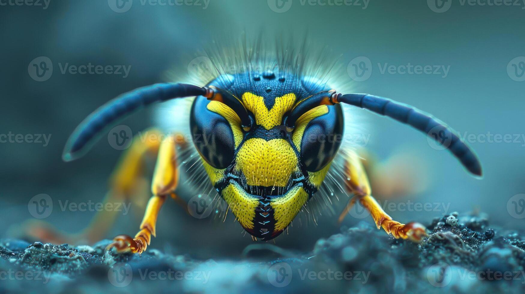 displays a yellow and black honey bee with its front legs extended, focused on the camera. photo
