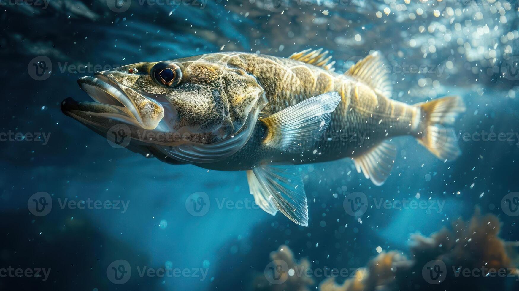 A large fish with sharp teeth swimming close to the surface under water. photo