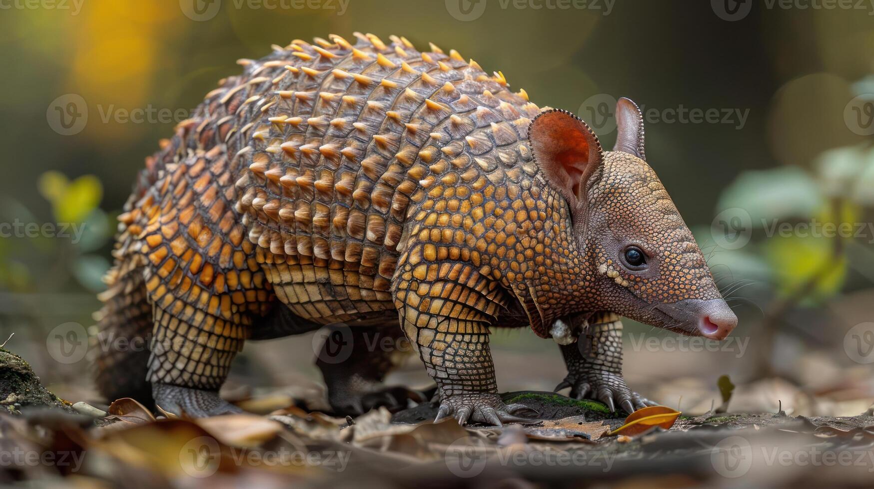 An armored crocodile walking across a forest floor. photo