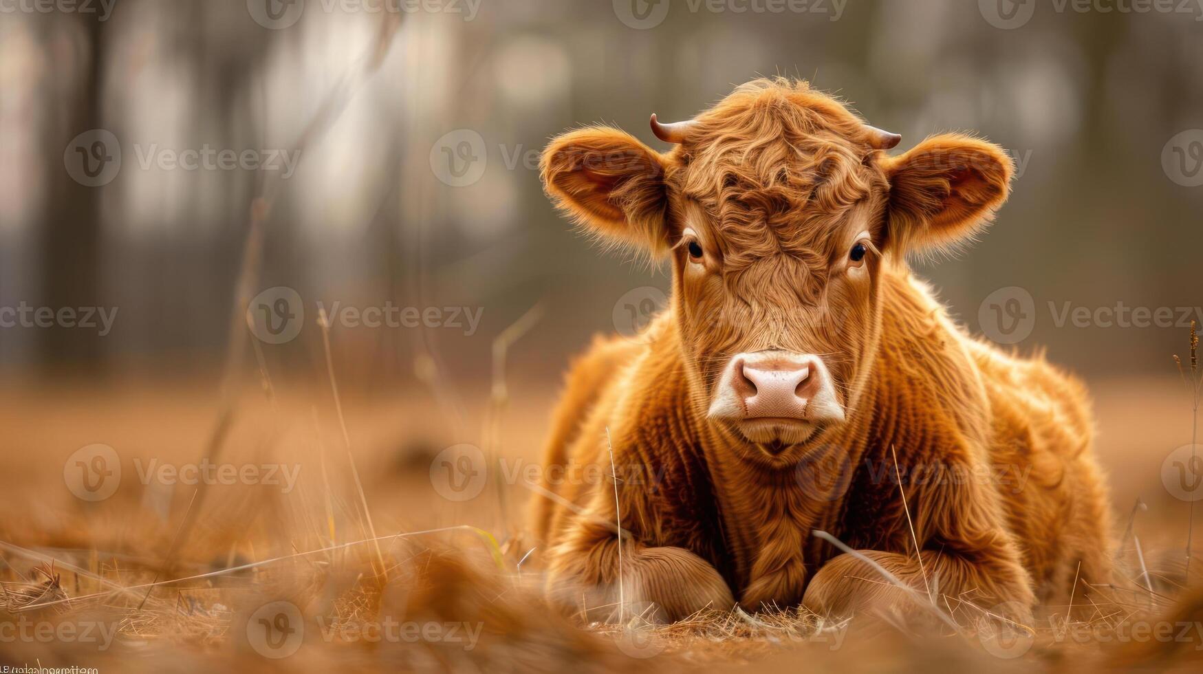 features a single brown cow standing in an open field. The cow is looking directly at the camera, photo