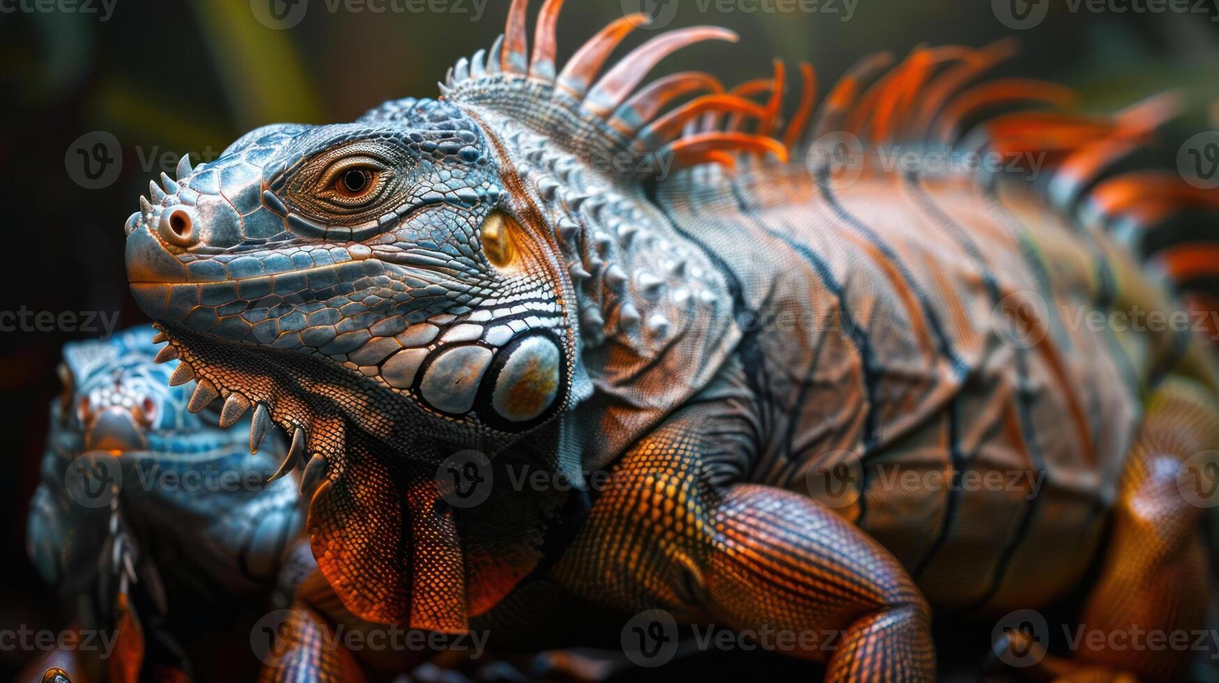 A close-up image of a blue and brown iguana with red markings, looking at the camera. photo