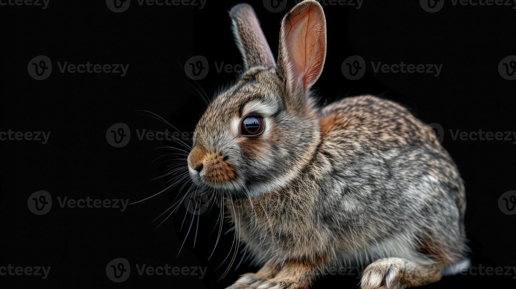 A close-up image of a brown and white bunny with its eyes wide open, photo