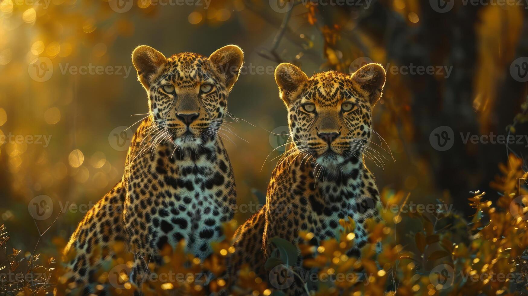 Photograph of two pregnant cheetahs sitting close together in the wild, photo