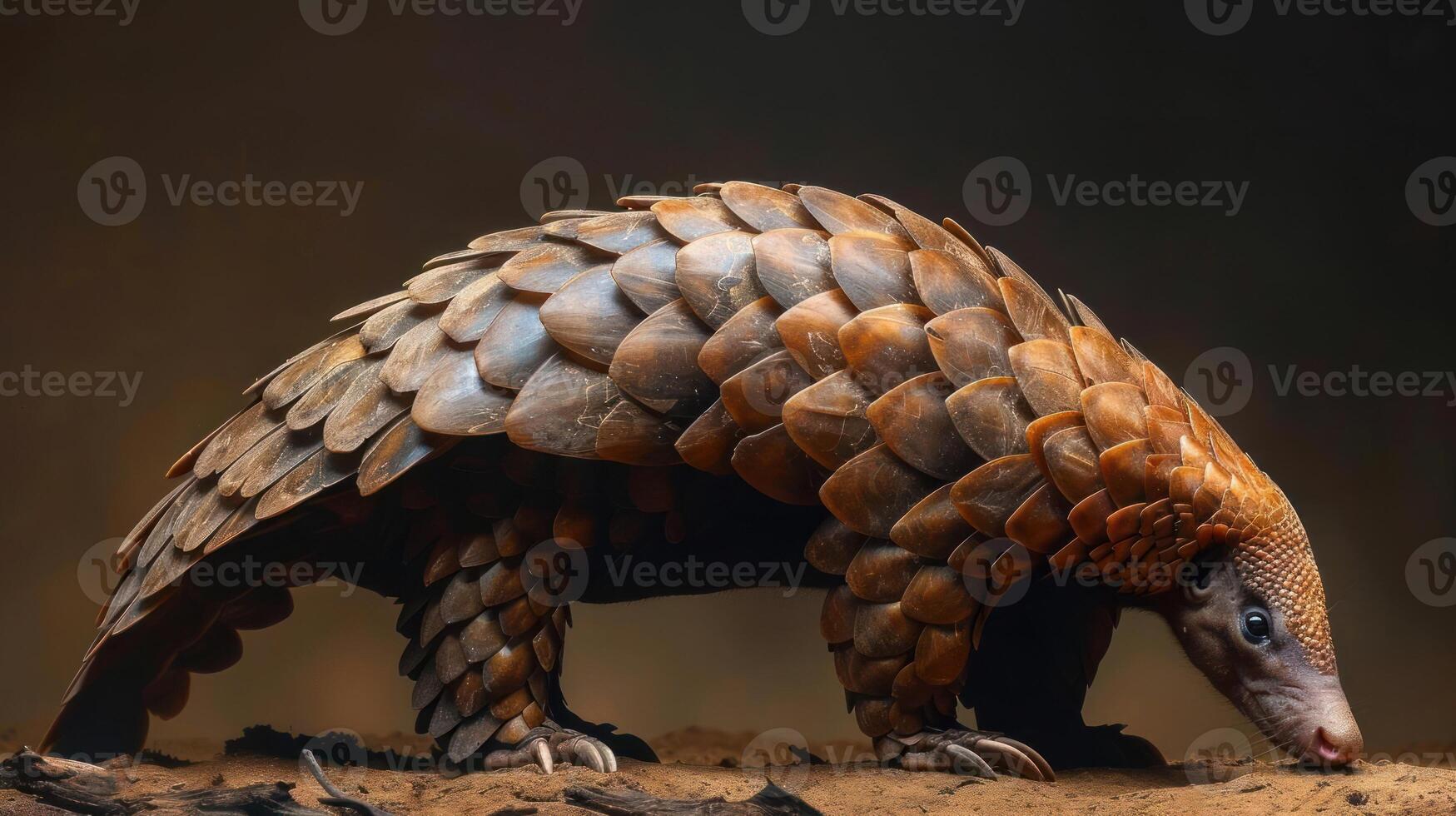 A pangolin, with its body covered in multiple layers of scales, is seen crawling across the ground. photo