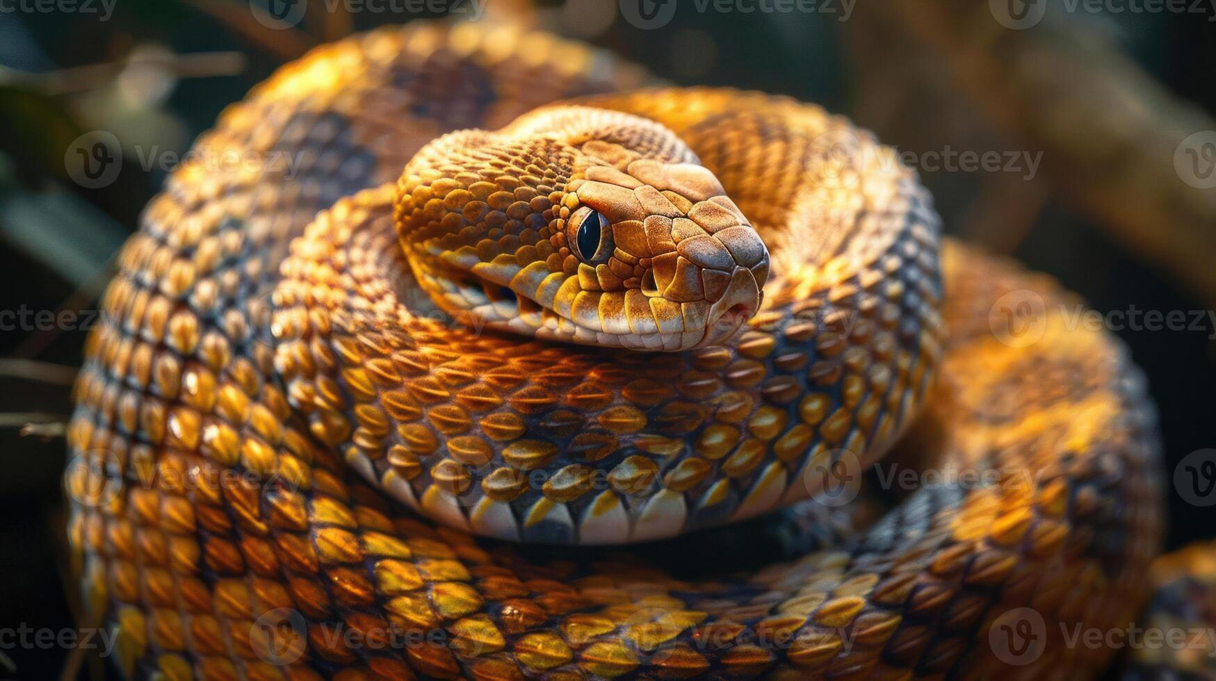 Venomous snake with a coiled body and distinctive markings. photo