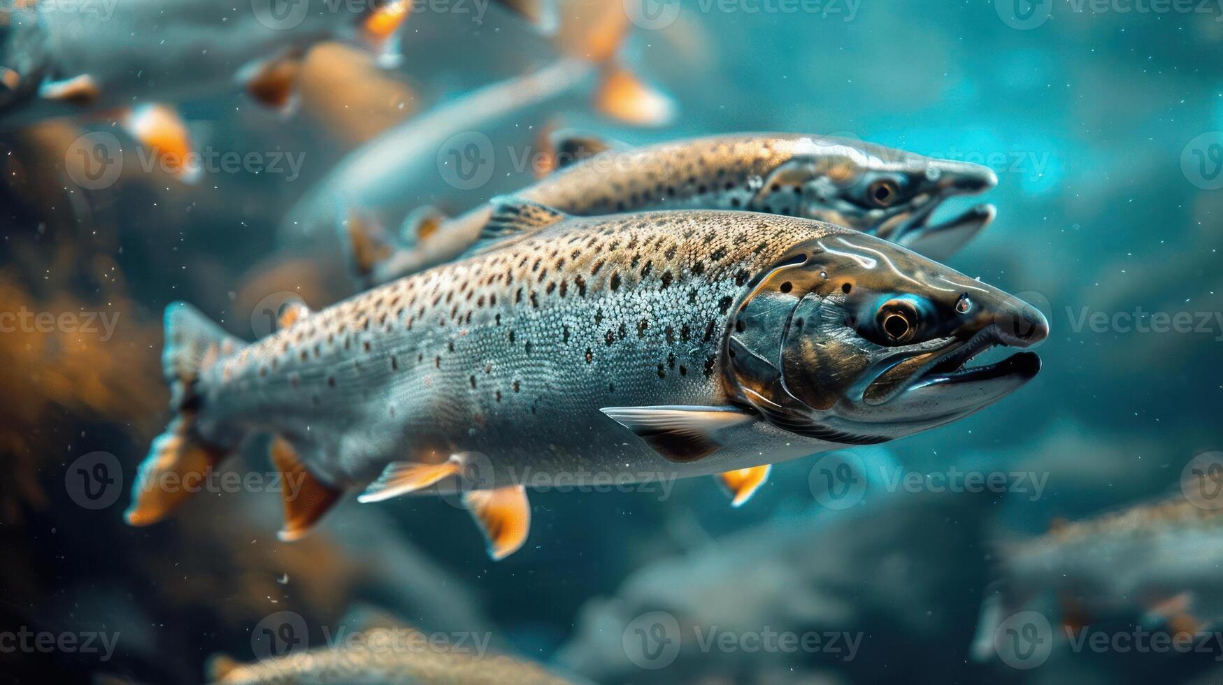 A group of salmon swimming together in the ocean, likely returning to spawn. photo