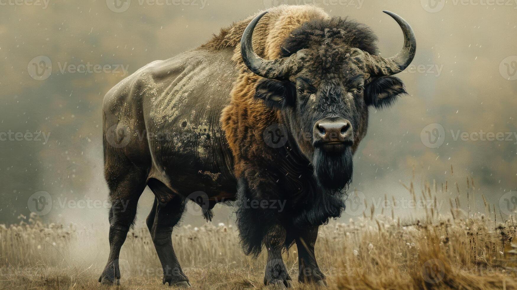 a buffalo walking through the snow. photo