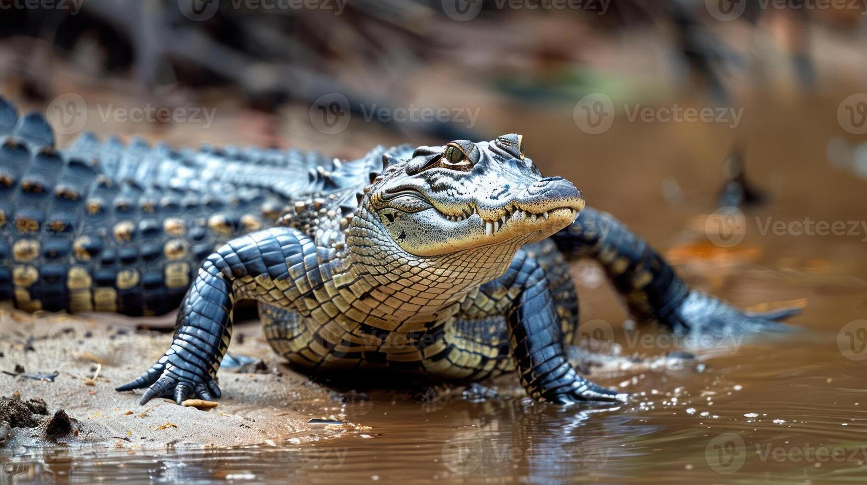 A gator, likely an alligator, in a swampy environment, taking a drink from the water. photo