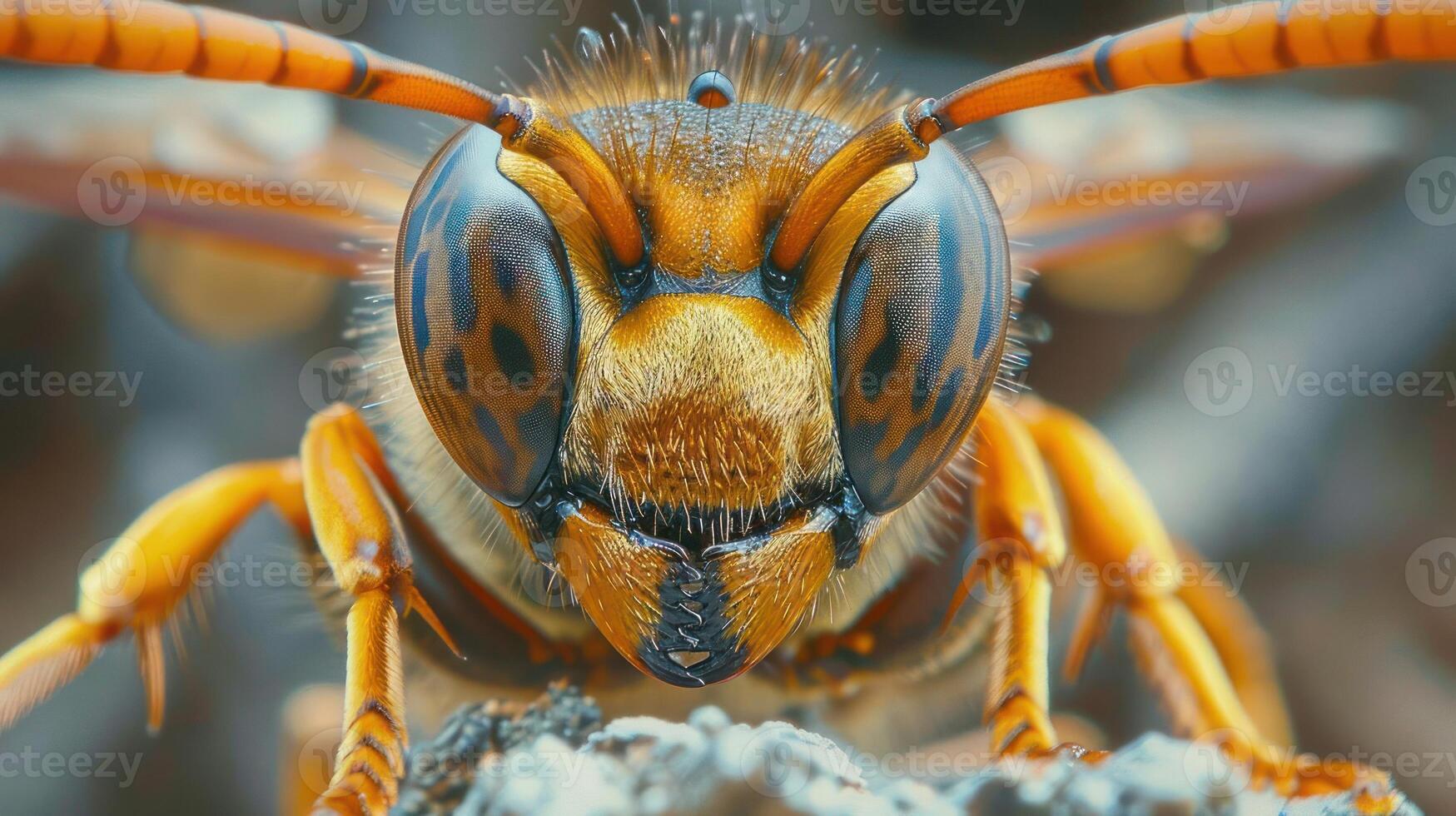 is a macro photograph of a bee, focused on its intricate details. photo