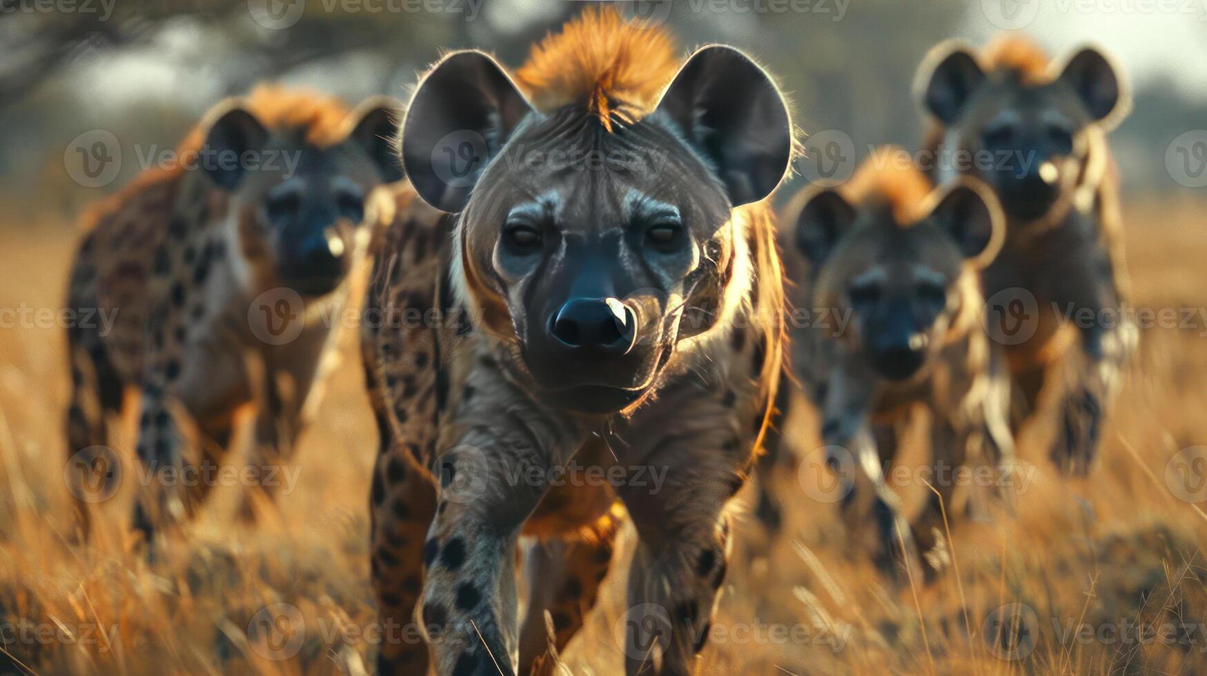 A group of wild dogs in motion with open mouths, emphasizing their speed and alertness. photo