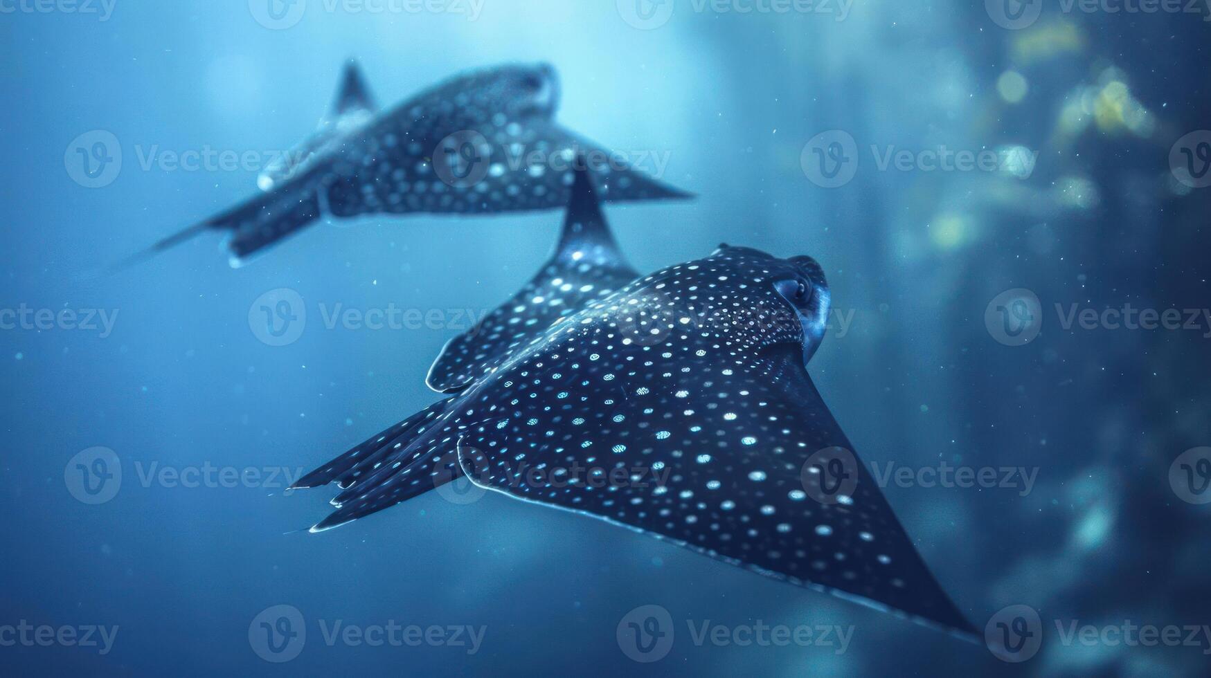 Two stingrays swimming underwater amidst coral and other marine life. photo
