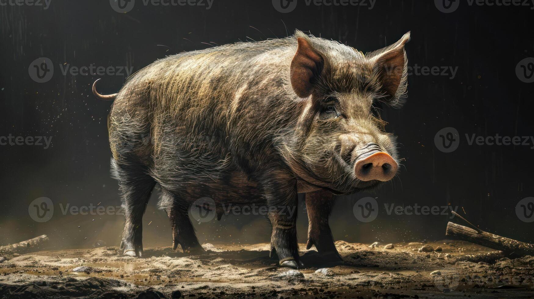 A wet pig in the forest during a storm, standing on muddy ground, surrounded by a rainy environment. photo
