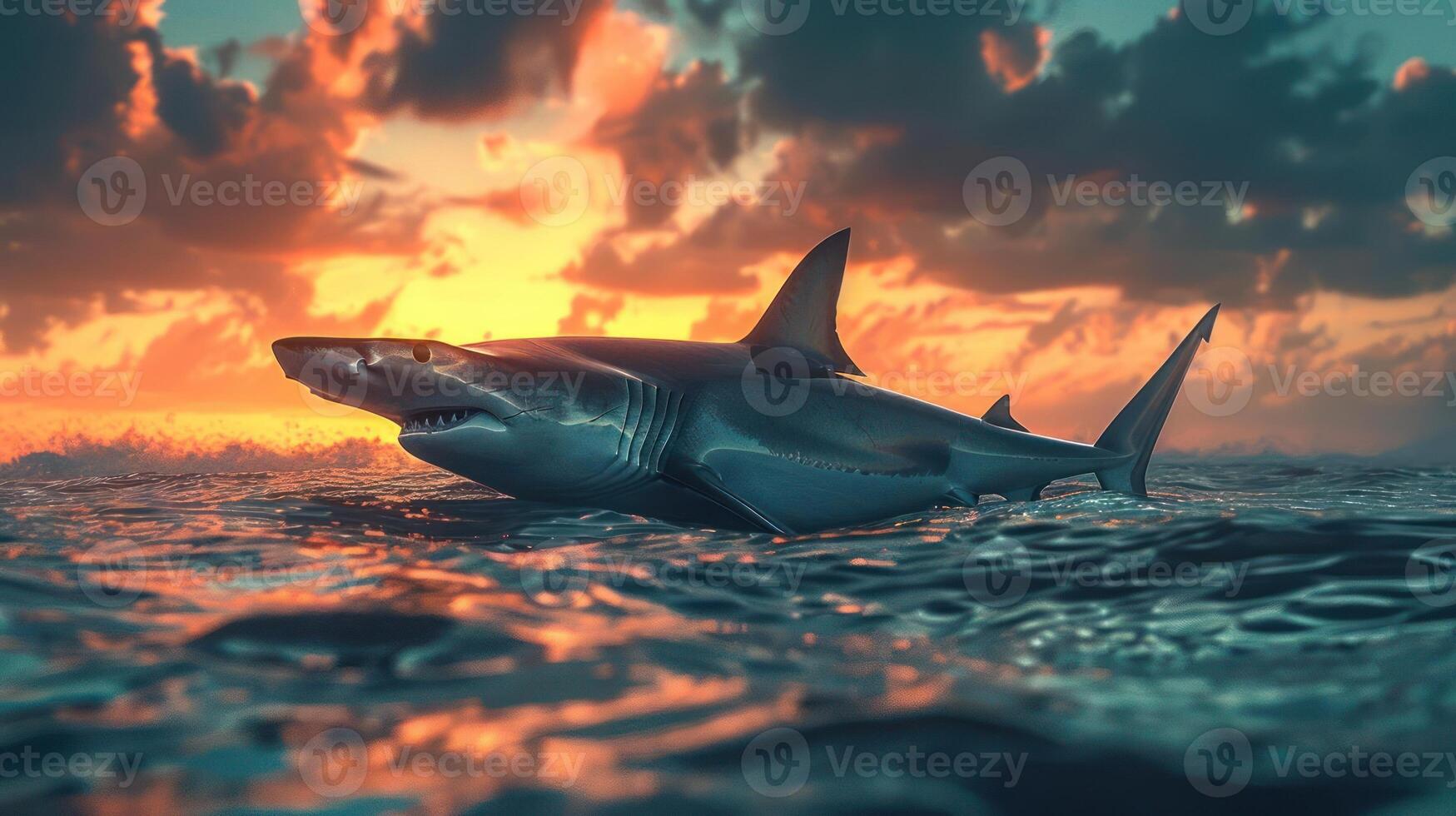 A shark swimming near the surface of the ocean as the sun sets, creating a beautiful backdrop. photo