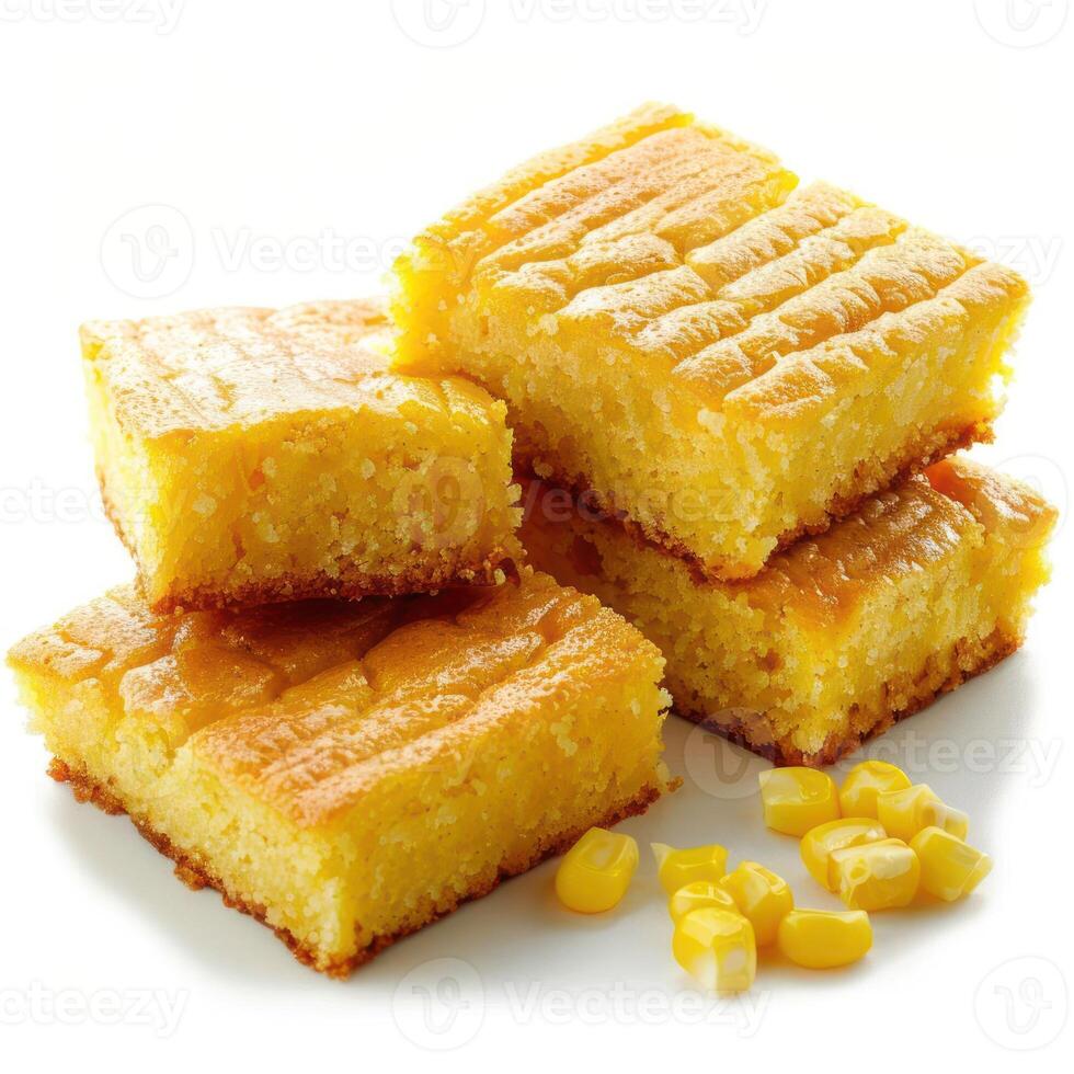 Close-up of delicious yellow cornbread in a loaf shape, topped with corn kernels. photo