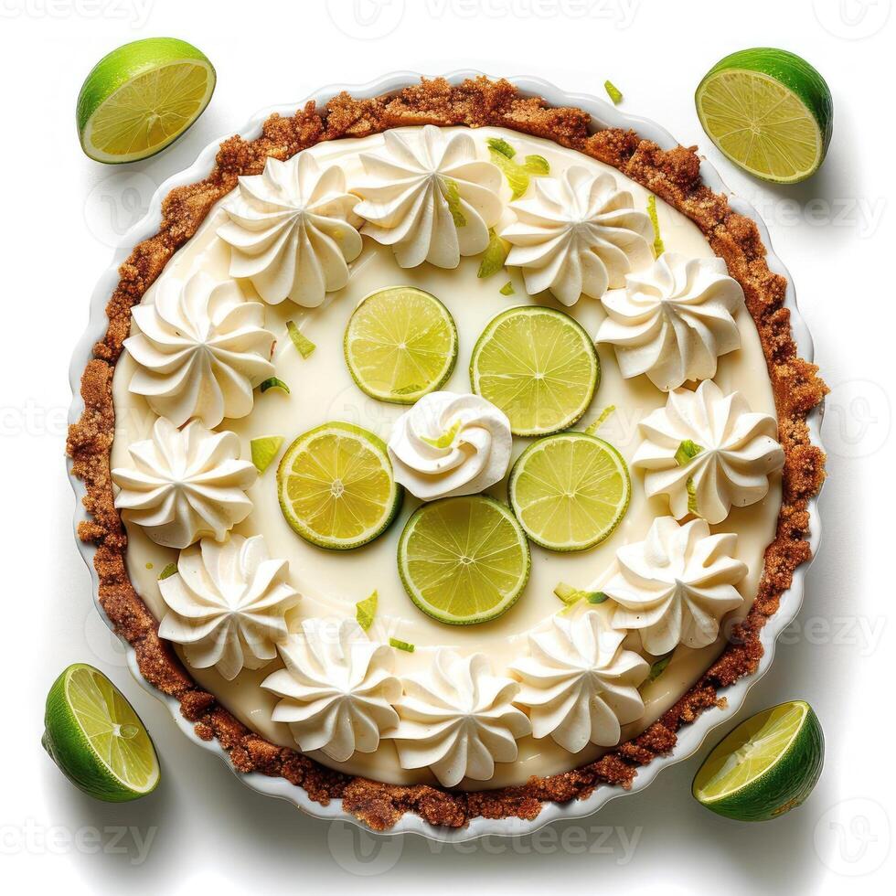 Fancy dessert topped with whipped cream and lime slices. photo