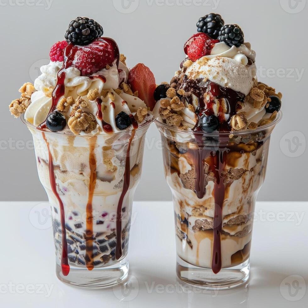 Two ice cream sundaes served in clear glasses with caramel drizzles, fruit toppings and nuts. photo