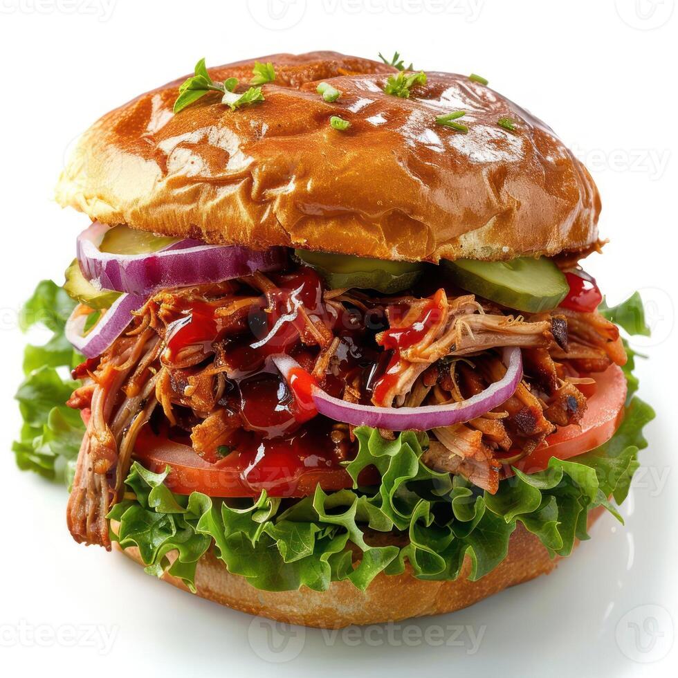 Delicious barbecue sandwich with sauce and toppings. photo