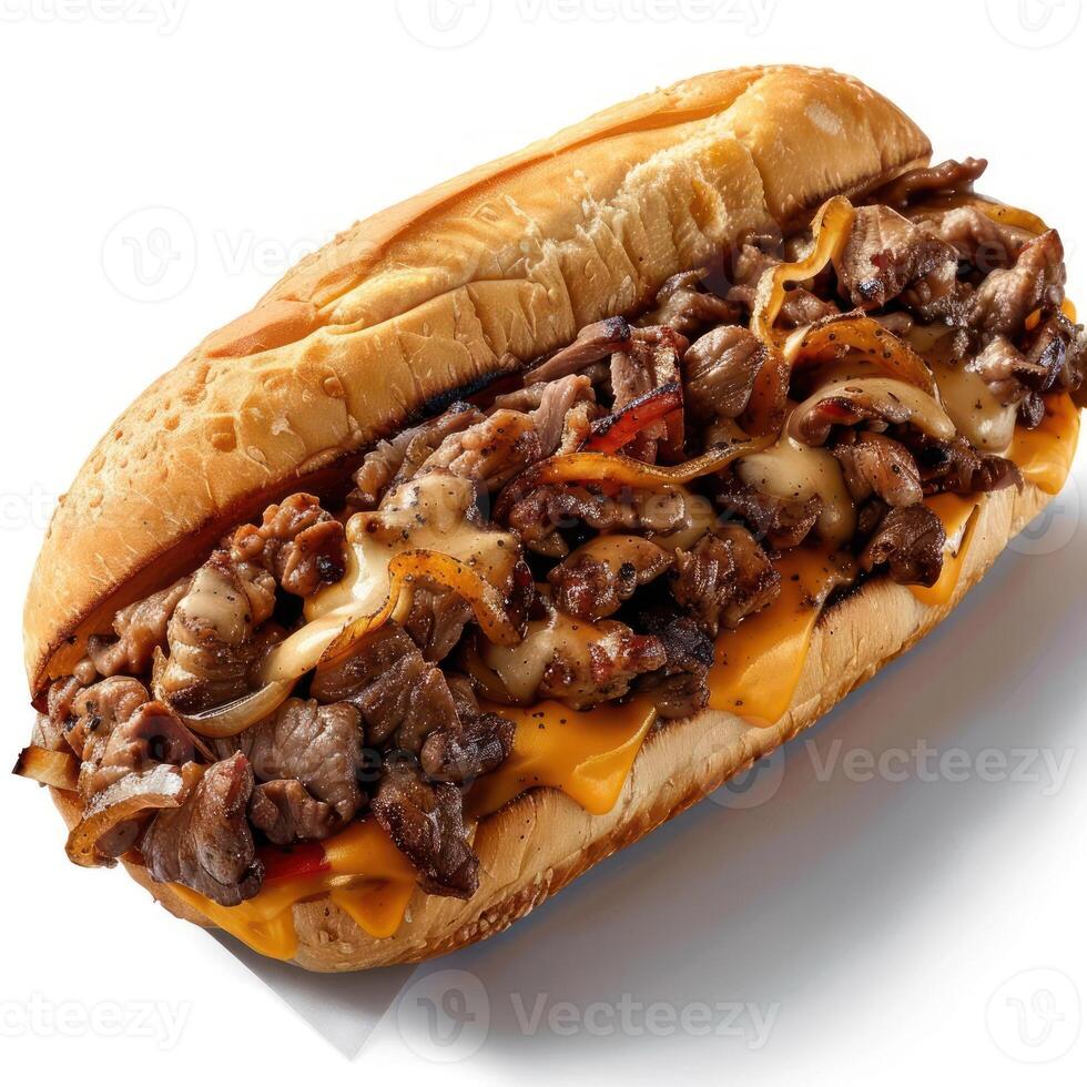 A steak sandwich with cheese and onions, served in a hoagie bun. It looks delicious. photo