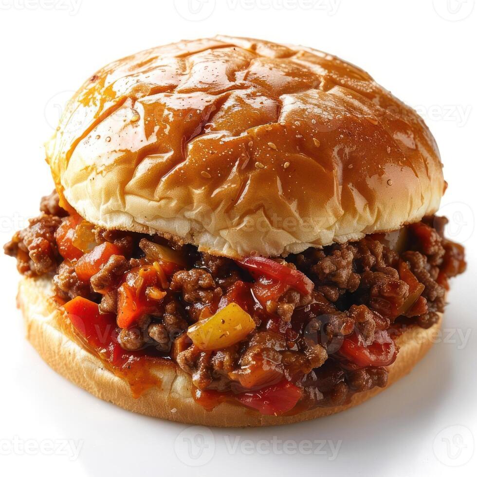 A picture of a juicy, well-cooked hamburger loaded with spicy Italian sausage and peppers. photo