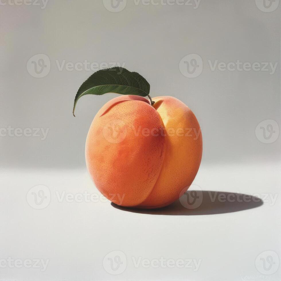 Close-up of a single peach with shadows cast by the fruit, against a white background. photo