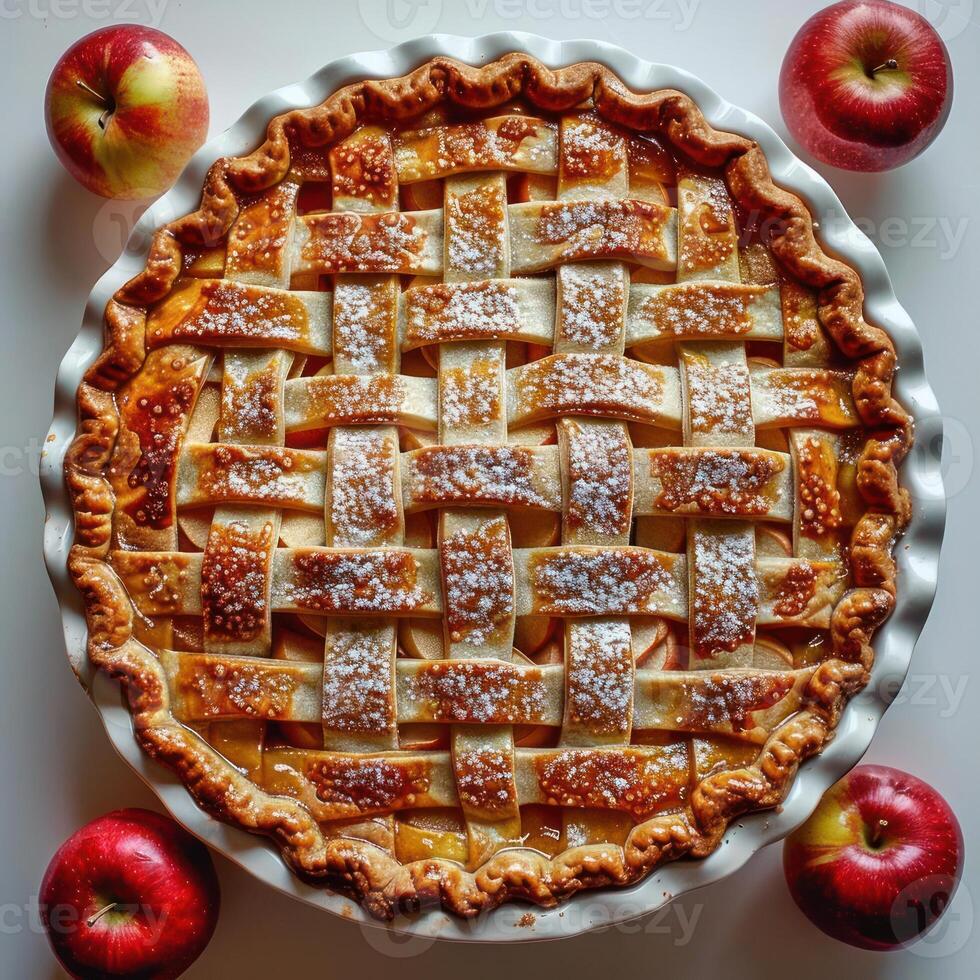 A whole apple pie with a golden crust and a lattice top filled with fresh apples. photo