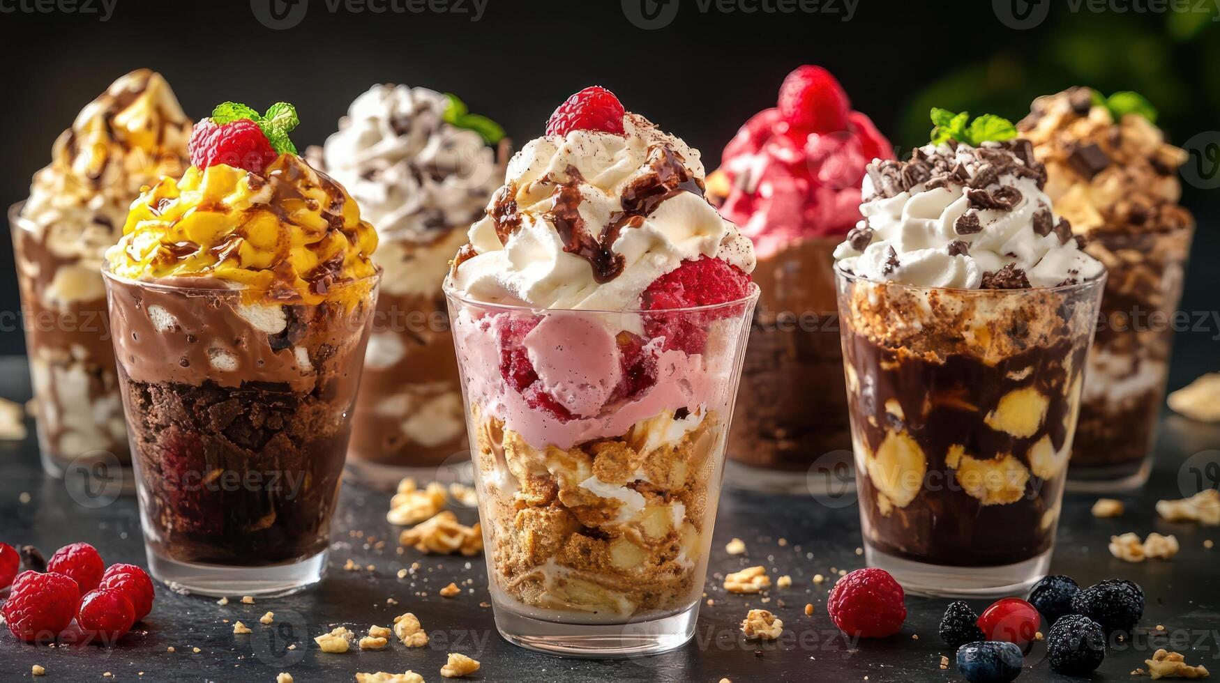 Various desserts displayed in glasses on a table, with toppings of berries and nuts. photo