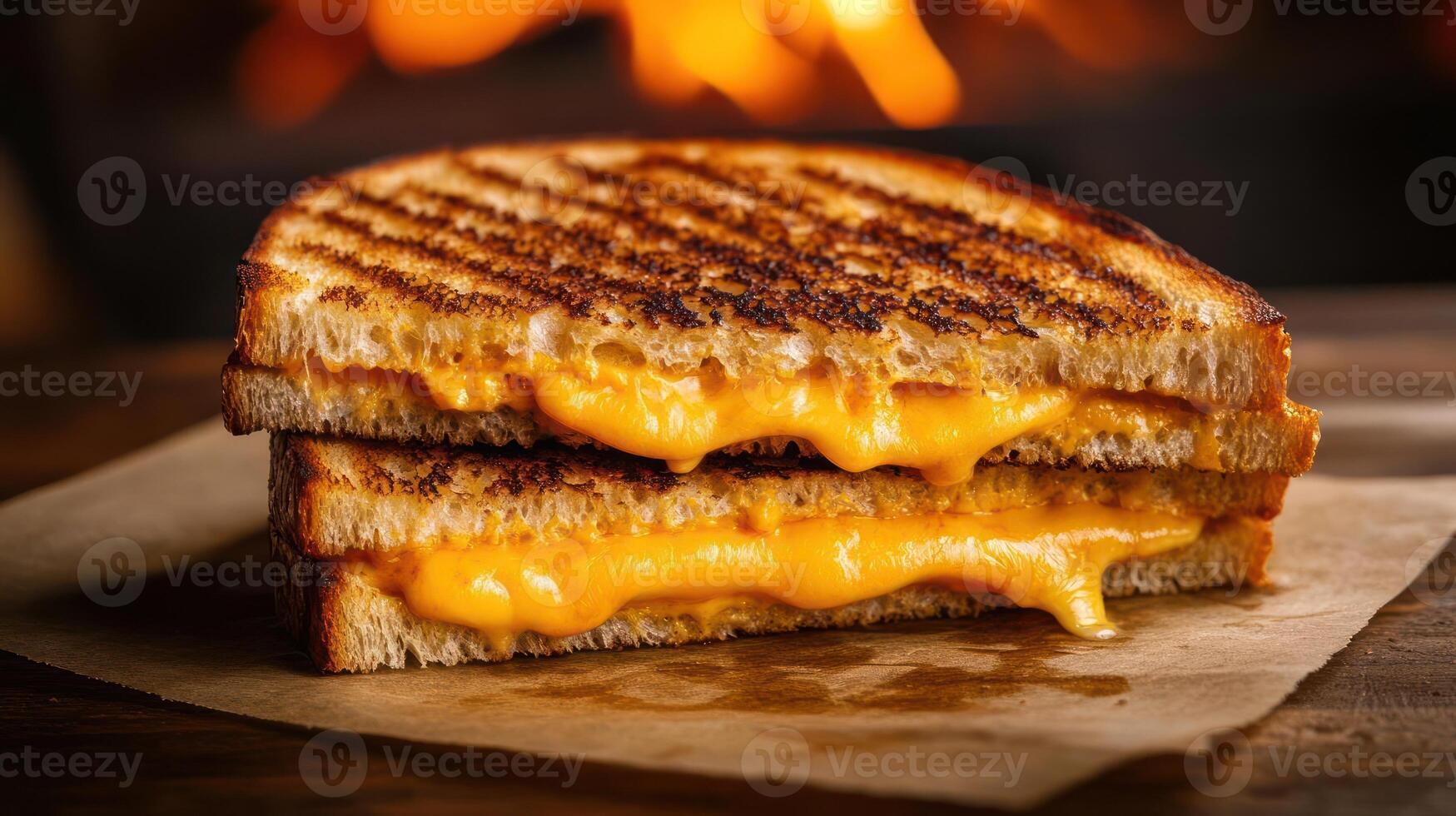 Savory grilled cheese sandwich on a wooden table, ready to be enjoyed. It's garnished with melting cheese and an orange sauce, likely ketchup. photo