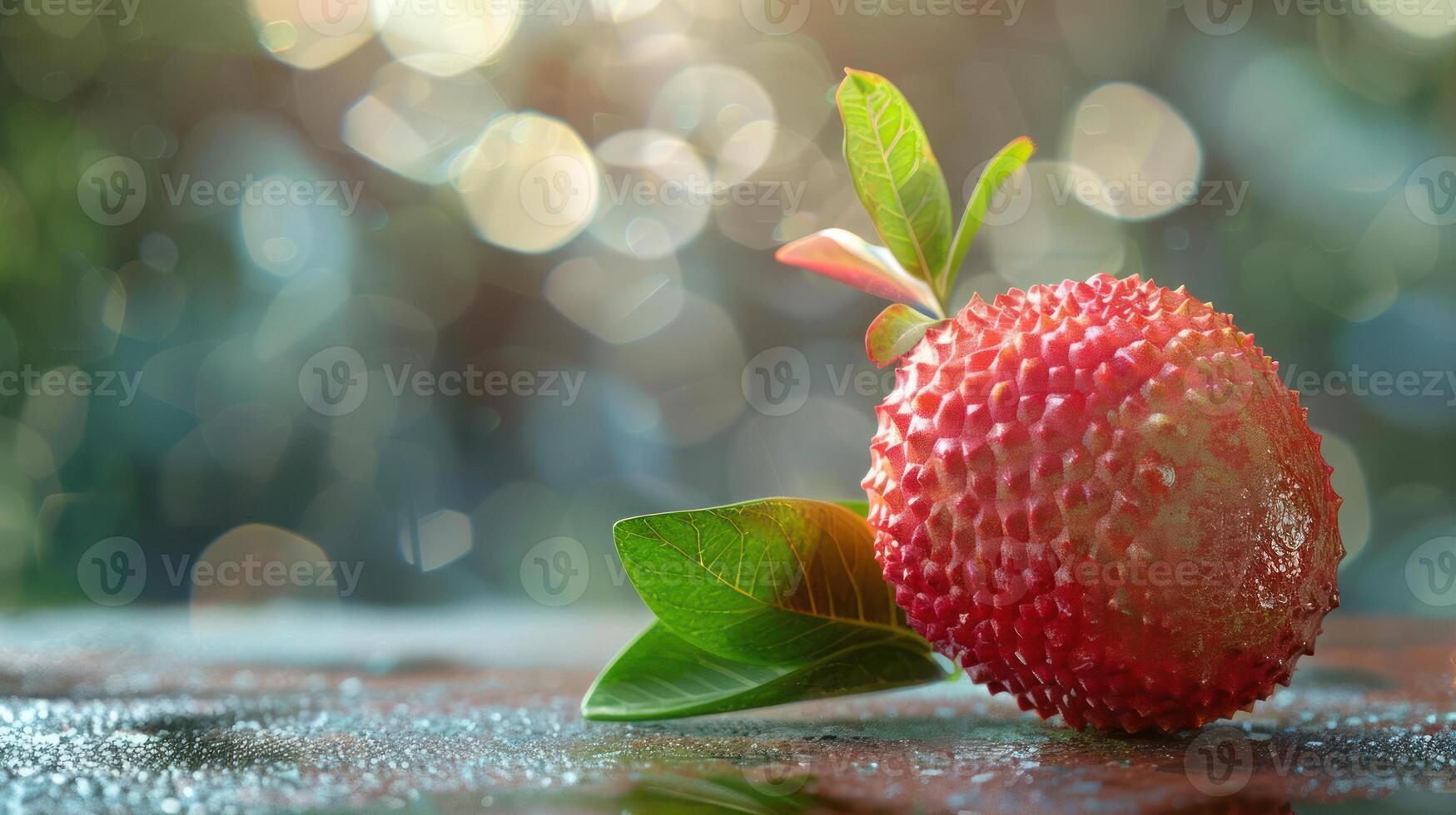 Vibrant red strawberry with leaves, sitting on a glass plate. photo