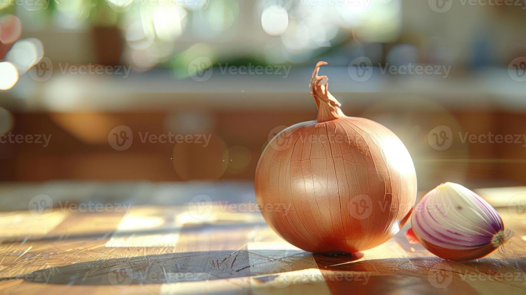 a wooden table with two whole onions, one red and one yellow, and a couple of garlic cloves. photo