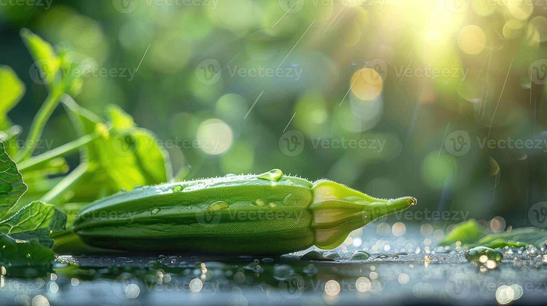 A vibrant image of a field with lush green vegetation and droplets falling from the sky, capturing a serene moment during a light rainfall. photo