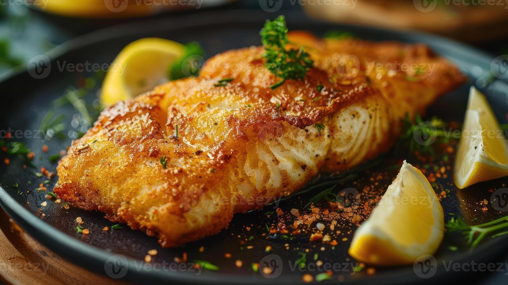 Grilled fish served with fresh lemon, herbs and seasonings. photo
