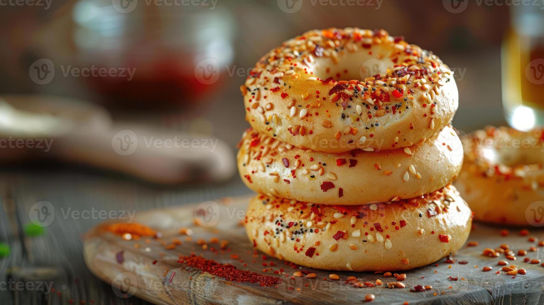 A stack of donuts with spices sprinkled on top, ready to be enjoyed. photo