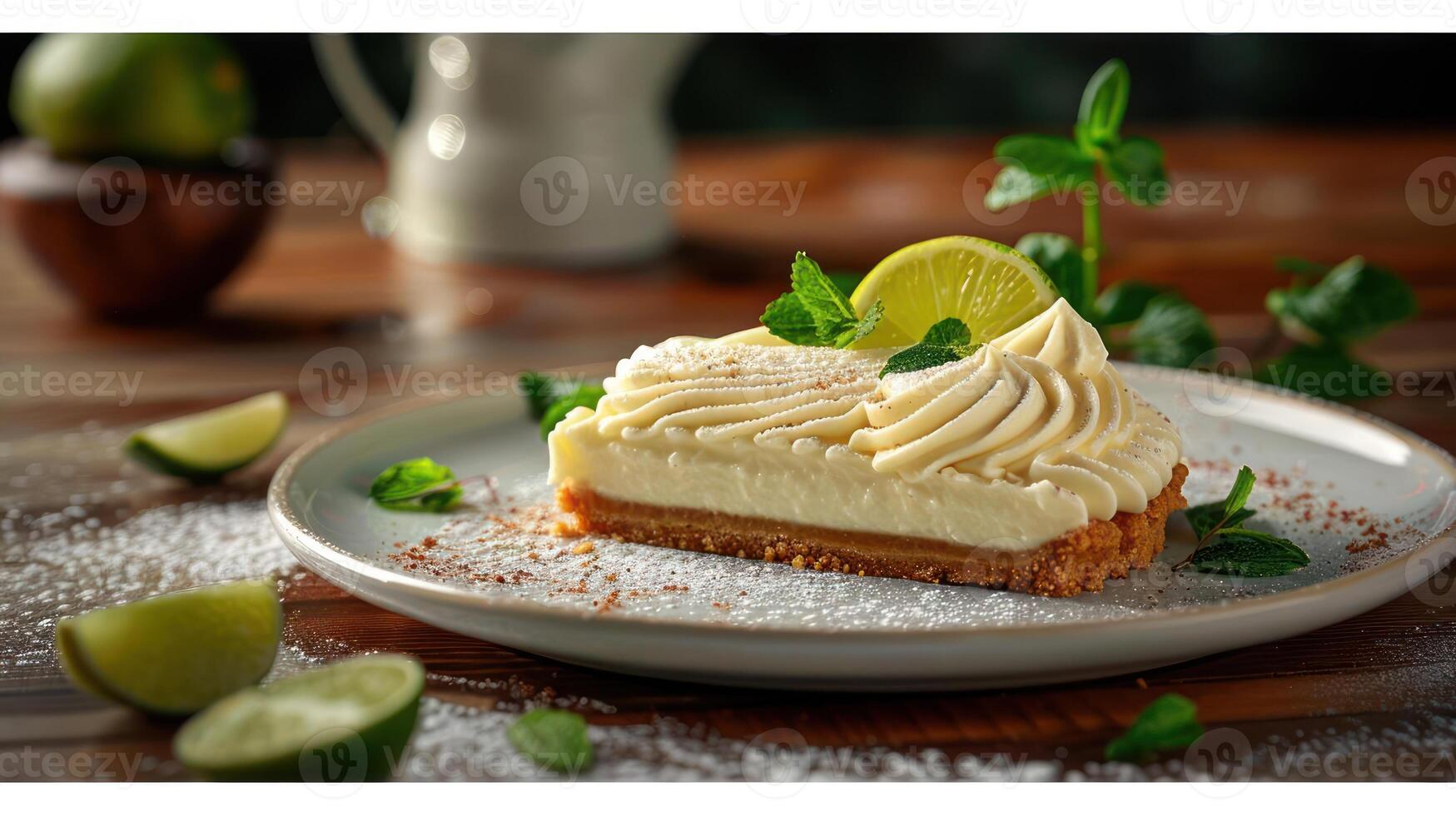 A slice of key lime cheesecake with whipped cream on a plate, garnished with lime wedges and cinnamon. photo
