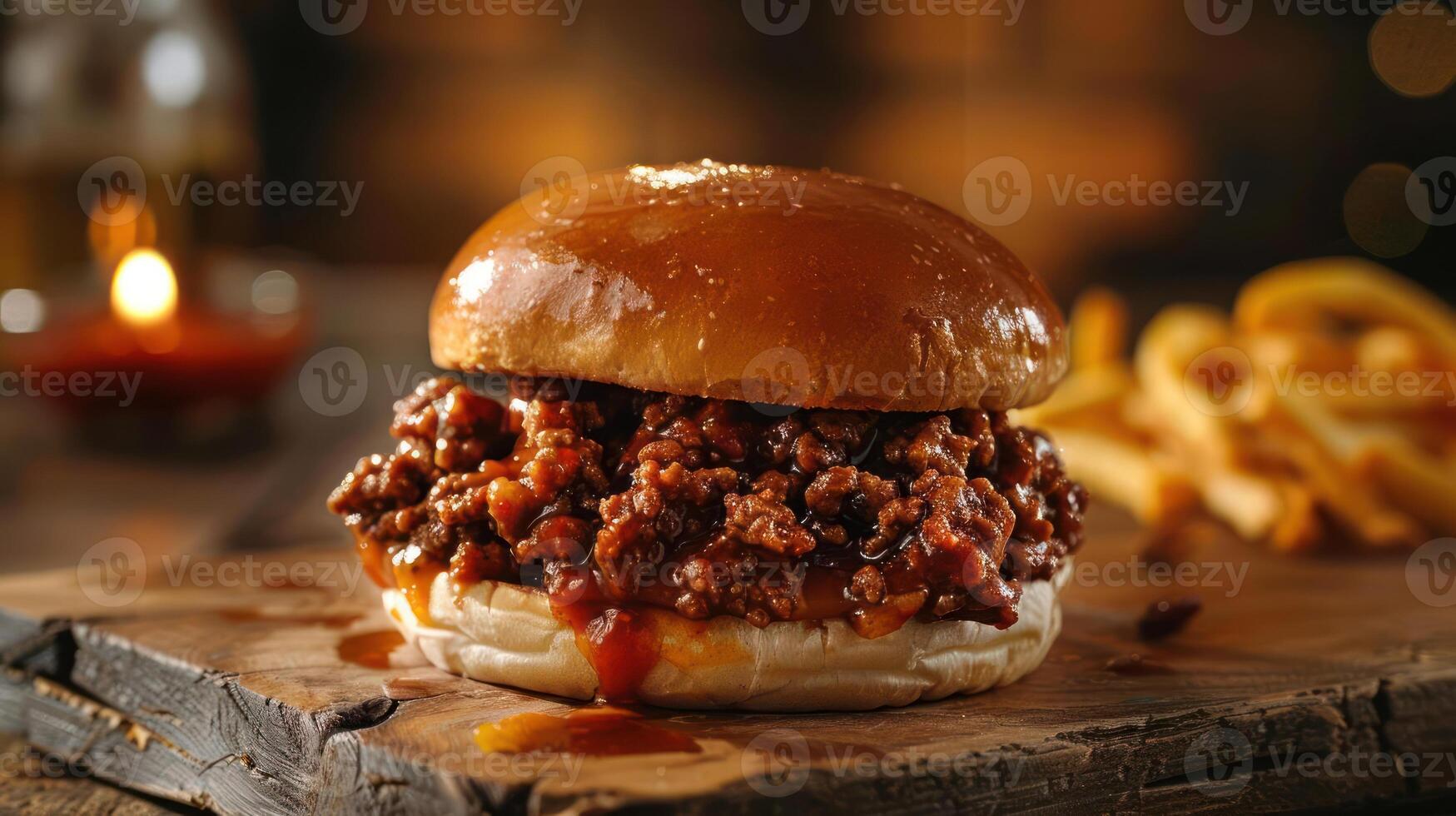 A sloppy burger with a side of fries photo