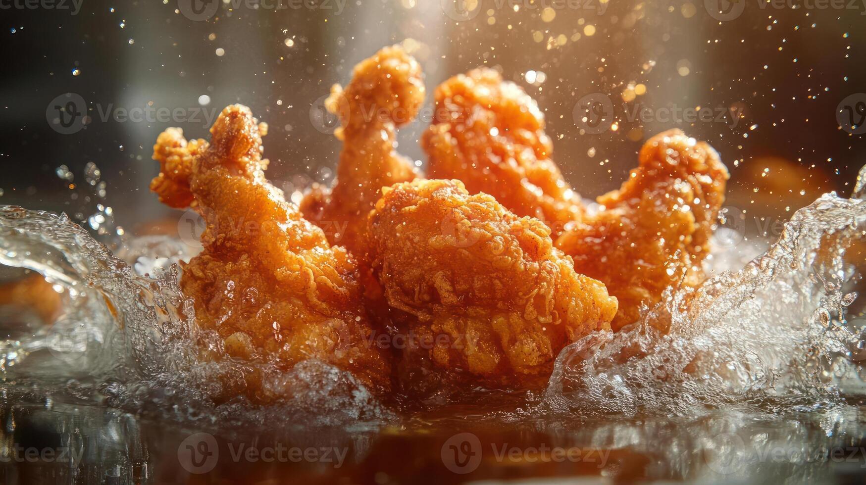 Fried chicken wings bursting with steam and batter, creating a dramatic visual effect. conveys the excitement and anticipation of enjoying these fried treats. photo